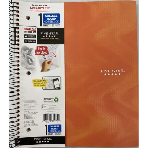 Five Star Spiral Notebook 1 Subject College Ruled 80 Sheets Sedona Orange - Picture 1 of 3